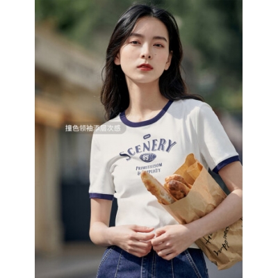 茵曼印花圓領T恤女夏季新款套頭潮趣修身顯瘦短款短袖上衣 月牙白 M